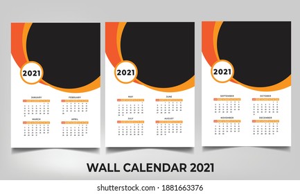 Wall Calendar 2021. Modern and corporate design. Easy to replace image and fully organized layer. Actual size 11.69X16.54 inches + o.5 inches bleed. Wall Calendar template for 2021. Ready to Print