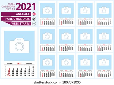 Wall calendar 2021 size A3. English language, week start from Sunday.