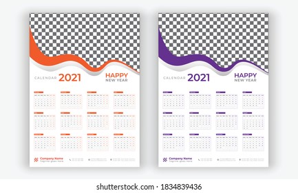 Wall Calendar 2021 template Design, 12 months yearly calendar set in 2021, business flyer, print-ready calendar, One-page Calendar 2021, vector illustration, 2021, Monday to Sunday, CMYK Color Mode
