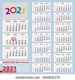 Wall calendar 2021, week start from Sunday. Size A4, block size 297x140 mm. Vector Illustration.