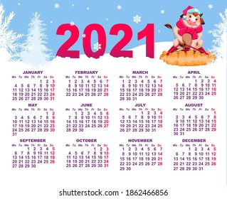Wall calendar 2021 year of bull. Cow on sled and winter forest with snow. Vector cartoon illustration