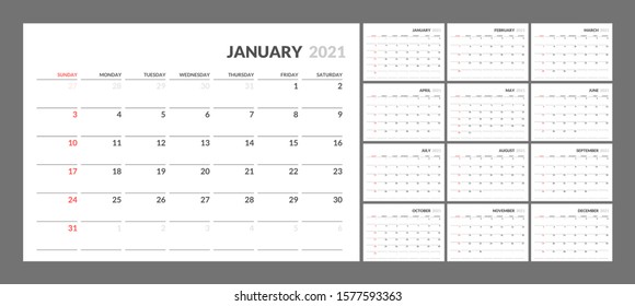 Wall calendar for 2021 year in clean minimal style. Corporate design planner template. Week Starts on Sunday. Set of 12 Months. Ready for print.