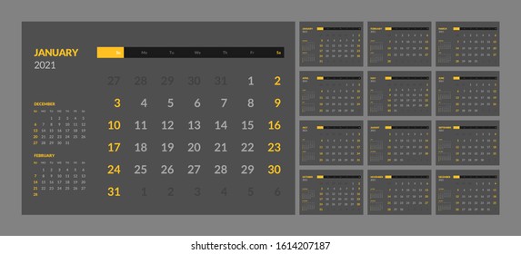 Wall calendar for 2021 year in clean minimal style. Week Starts on Sunday. Set of 12 Months. Ready for print.