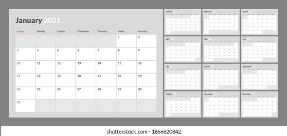 Wall calendar for 2021 year in clean minimal style. Corporate design planner template. Week Starts on Sunday. Set of 12 Months. Ready for print.