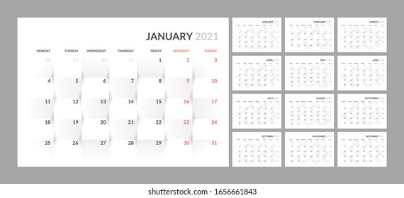 Wall calendar for 2021 year in clean minimal style. Corporate design planner template. Week Starts on Monday. Set of 12 Months. Ready for print.