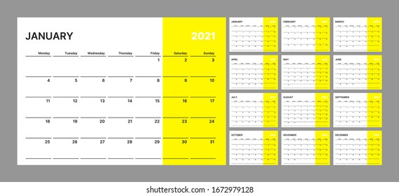 Wall calendar for 2021 year in clean minimal style. Corporate design planner template. Week Starts on Monday. Set of 12 Months. Ready for print.