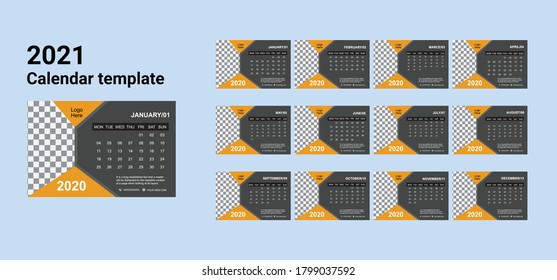 Wall calendar for 2021 year in clean minimal style. Corporate design planner template.