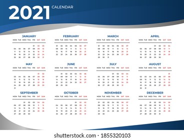 Wall calendar for 2021 year in clean minimal style. Corporate design planner template. Week Starts on Monday. Set of 12 Months. Ready for print.
