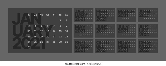 Wall calendar for 2021 year. Planner diary in a minimalist style. Week Starts on Sunday. Monthly calendar ready for print. In dark colors.