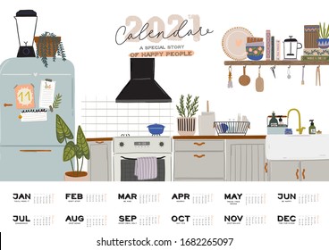 Wall calendar. 2021 Yearly Planner with all Months. Good school Organizer and Schedule. Cute home interior background. Motivational quote lettering. Flat vector illustration in trendy style