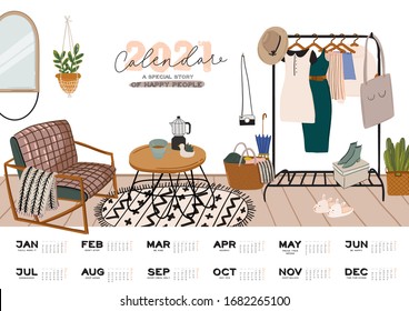 Wall calendar. 2021 Yearly Planner with all Months. Good school Organizer and Schedule. Cute home interior background. Motivational quote lettering. Flat vector illustration in trendy style