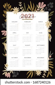 Wall calendar. 2021 Yearly Planner with all Months. Good school Organizer and Schedule. Cute floral and cosmetic background. Motivational quote lettering. Beauty vector illustration in trendy style