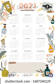 Wall calendar. 2021 Yearly Planner with all Months. Good school Organizer and Schedule. Cute floral and cosmetic background. Motivational quote lettering. Beauty vector illustration in trendy style