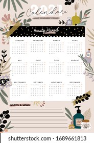 Wall calendar. 2021 Yearly Planner with all Months. Good school Organizer and Schedule. Cute floral and cosmetic background. Motivational quote lettering. Beauty vector illustration in trendy style