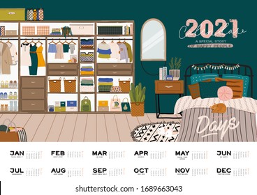 Wall calendar. 2021 Yearly Planner with all Months. Good school Organizer and Schedule. Cute home interior background. Motivational quote lettering. Flat vector illustration in trendy style