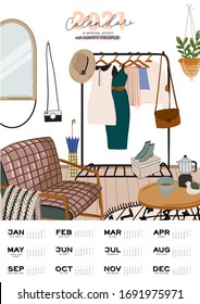 Wall calendar. 2021 Yearly Planner with all Months. Good school Organizer and Schedule. Cute home interior background. Motivational quote lettering. Flat vector illustration in trendy style