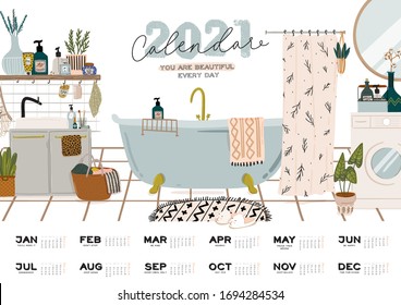 Wall calendar. 2021 Yearly Planner with all Months. Good school Organizer and Schedule. Cute home interior background. Motivational quote lettering. Flat vector illustration in trendy style