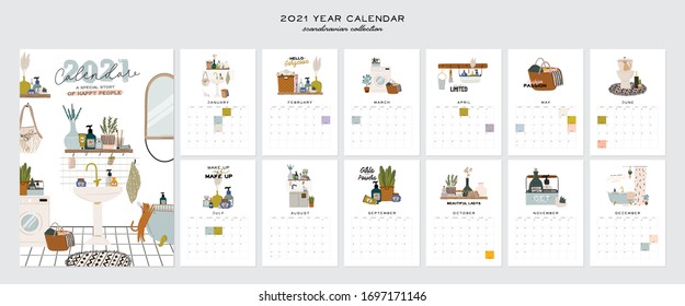 Wall calendar. 2021 Yearly Planner with all Months. Good school Organizer and Schedule. Cute home interior background. Motivational quote lettering. Flat vector illustration in trendy style