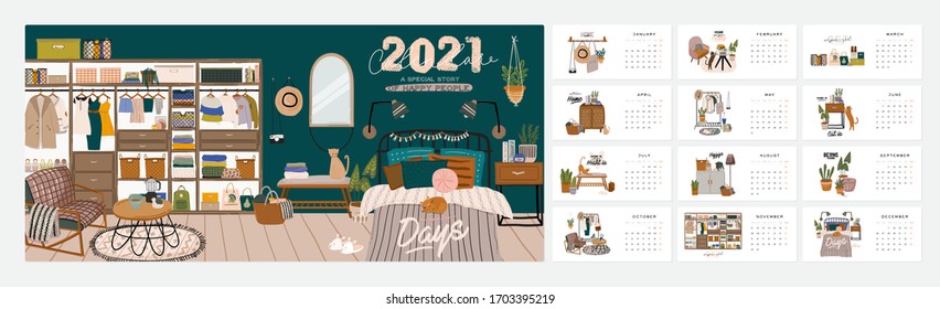 Wall calendar. 2021 Yearly Planner with all Months. Good school Organizer and Schedule. Cute home interior background. Motivational quote lettering. Flat vector illustration in trendy style