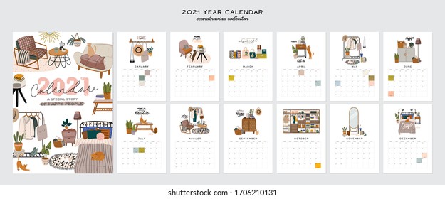 Wall Calendar. 2021 Yearly Planner With All Months. Good School Organizer And Schedule. Cute Home Interior Background. Motivational Quote Lettering. Flat Vector Illustration In Trendy Style