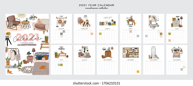 Wall calendar. 2021 Yearly Planner with all Months. Good school Organizer and Schedule. Cute home interior background. Motivational quote lettering. Flat vector illustration in trendy style