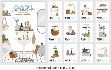 Wall calendar. 2021 Yearly Planner with all Months. Good school Organizer and Schedule. Cute home interior background. Motivational quote lettering. Flat vector illustration in trendy style