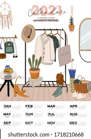 Wall calendar. 2021 Yearly Planner with all Months. Good school Organizer and Schedule. Cute home interior background. Motivational quote lettering. Flat vector illustration in trendy style