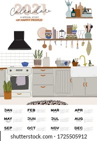 Wall calendar. 2021 Yearly Planner with all Months. Good school Organizer and Schedule. Cute home interior background. Motivational quote lettering. Flat vector illustration in trendy style