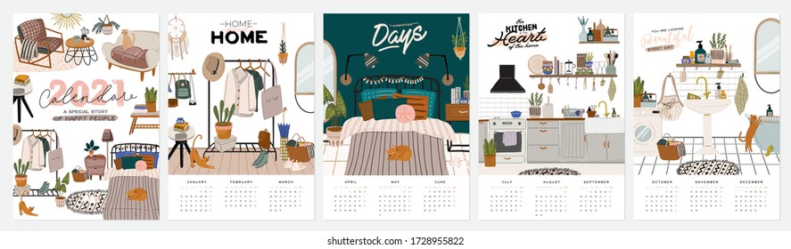 Wall calendar. 2021 Yearly Planner with all Months. Good school Organizer and Schedule. Cute home interior background. Motivational quote lettering. Flat vector illustration in trendy style