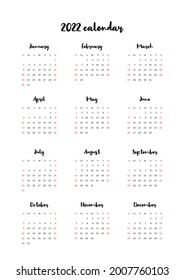 Wall calendar 2022. Blank printable vertical one-page calendar. Vector illustration 10 EPS.