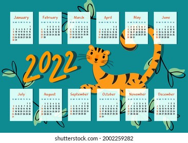 Calendario de paredes para 2022 con un tigre lindo. Plantilla horizontal A4 con símbolo de Año Nuevo en un fondo verde brillante. La semana comienza el domingo. Ilustraciones decorativas para imprimir, tipografía, web. Vector