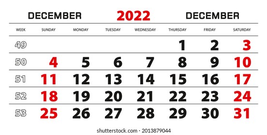 Wall calendar 2022 for december, week start from sunday. Block size 297x140 mm.