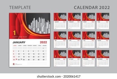Wall calendar for 2022 - Desk calendar 2022 template can be place for Photo and Company Logo, Week Starts on Sunday, Set of 12 Months, Poster, Planner, holiday event, graphic print creative design