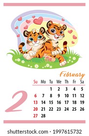 Wall calendar for 2022, February. Two cute lying tiger cubs and hearts. The symbol of the year. Animal character. Color vector illustration. Week start in Sunday. In size A4. For print and design.