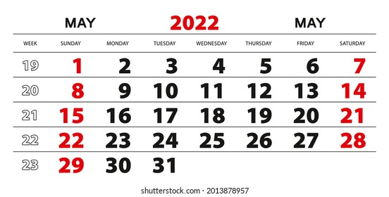Wall Kalender 2022 für Mai, Woche beginnt Sonntag. Blockgröße 297 x 140 mm.
