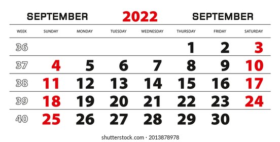 Wall calendar 2022 for september, week start from sunday. Block size 297x140 mm.