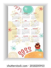 Wall Calendar 2022. Simple, colorful, baby birthday, holiday vertical photo calendar template with cute bear. Calendar design 2022 year in English. Week starts from Monday. Vector illustration