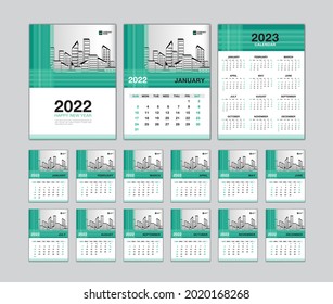 Wall Calendar 2022 template - Desk calendar 2022 year, Calendar 2023 design, Green Cover, Week Starts on Sunday, Set of 12 Months, Planner, Poster, Calendar minimal style, Vertical page, vector.
