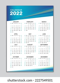 Wall calendar 2022 template, desk calendar 2022 design, Week start Sunday, business flyer, Set of 12 Months, Week starts Sunday, organizer, planner, printing media, calendar design blue background