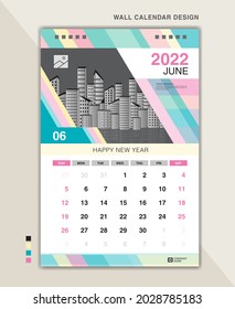 Wall calendar 2022 template pastel creative backgrounds, June layout, Desk calendar 2022 minimal design, poster, planner, Calendar date, Week starts on Sunday, Stationery, vertical page, vector
