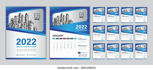 Muro Calendario 2022 plantilla Set, Set Desk calendario 2022 año, Feliz año nuevo, Planner, Semana de inicio el domingo, distribución vertical, Set de 12 meses, Diseño de portada moderno, planificador, papel, vector 