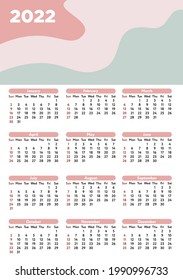 Wall calendar 2022 Vector illustration in flat design Date planner grid with abstract wavy pattern on white background Week starts on Sunday