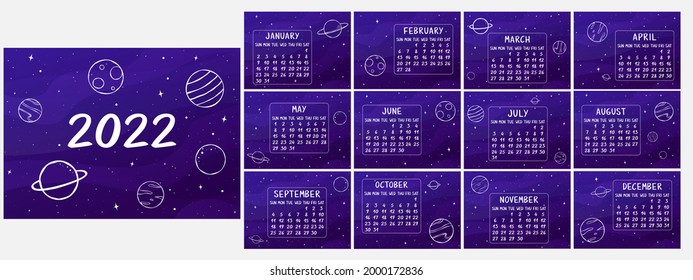 Calendario del muro para 2022. Ilustración vectorial en un fondo azul con planetas. Calendario espacial

