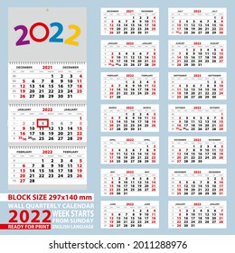 Calendario de pared 2022, semana a partir del domingo. Tamaño A4, tamaño de bloque 297x140 mm. Ilustración vectorial.