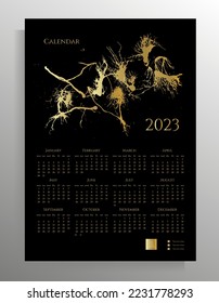 Wall calendar for 2023 for 12 months. Strict design layout of a poster, flyer. Color black with gold. Vector illustration.