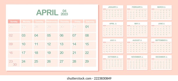 Calendario de Paredes 2023. Abril. La semana empieza el domingo. Plantilla de calendario mensual. Diseñar un planificador corporativo. Orientación horizontal. Planificación empresarial de Office. Color pastel. Ilustración del vector