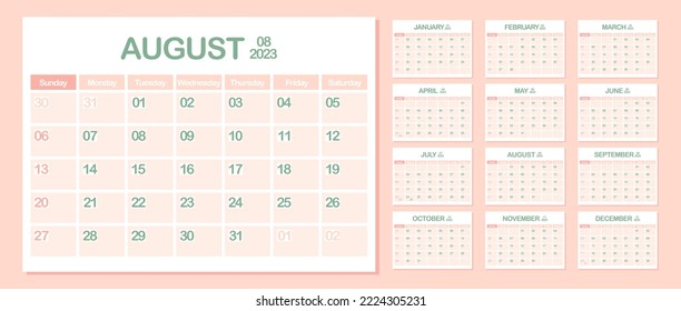 Wall Calendar 2023. August. Week Starts on Sunday. Monthly calendar template. Design Corporate planner. Landscape orientation. Office business planning. Pastel color. Vector illustration