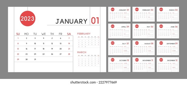 Wall calendar for 2023 in a clean, minimalist style. Corporate design planner template. The week starts on Sunday. Set of 12 months. Ready to print.