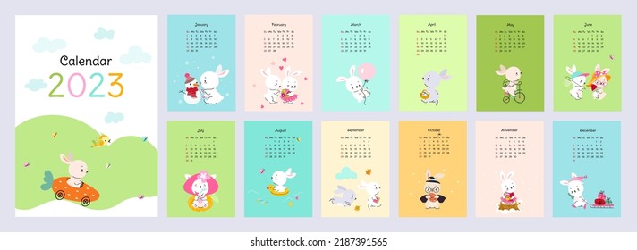 Calendario de paredes 2023 con conejos lindos. Diseño de impresión de animales infantiles, plantilla de páginas de 12 meses. Bunny en las estaciones, en el amor, con flor y halloween, hoy vectores de bandera