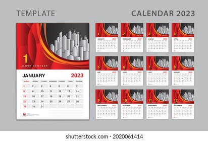 Wall calendar for 2023 - Desk calendar 2023 template can be place for Photo and Company Logo, Week Starts on Sunday, Set of 12 Months, Poster, Planner, holiday event, graphic print creative design